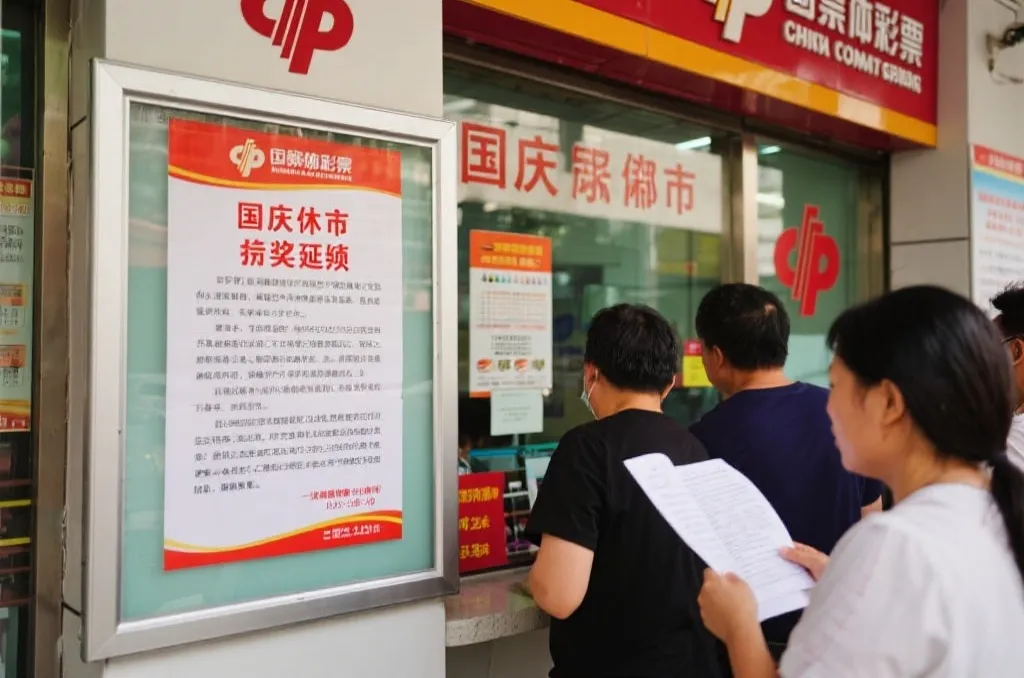 国庆节节日氛围下的彩票中心，窗口张贴休市与兑奖顺延通告
